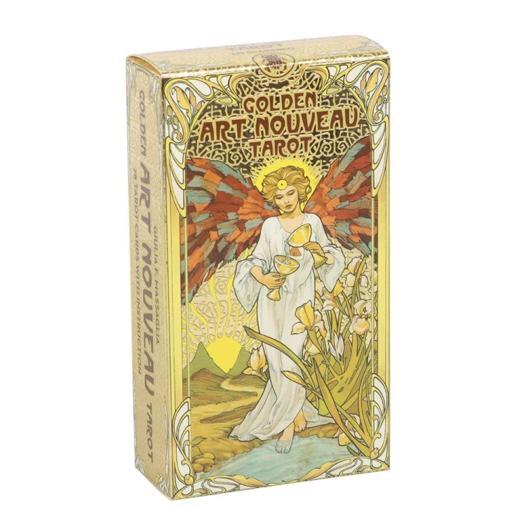 Golden Art Nouveau Tarot – talia 78 kart inspirowana Rider Waite Smith, zdobiona złotymi detalami. Elegancja secesji i magia intuicji w jednym.