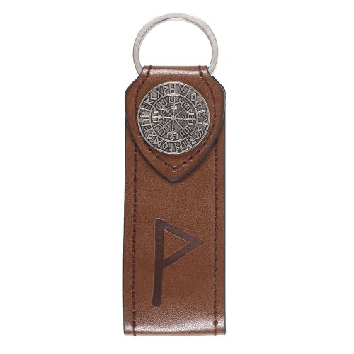 Brelok Viking Rune Joy – runa radości i kompas wikingów na brązowej eko-skórze. Symbol szczęścia i ochrony. Idealny prezent dla podróżników.