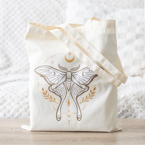 Polycotton tote bag z motywem ćmy księżycowej. Trwała, pojemna i stylowa torba idealna na zakupy, książki i codzienne drobiazgi.