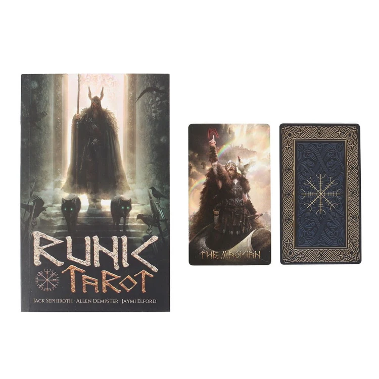 Runic Tarot – talia inspirowana mitologią nordycką i energią run. 78 kart i przewodnik 160 stron autorstwa Jacka Sephirotha i Jaymi Elford.