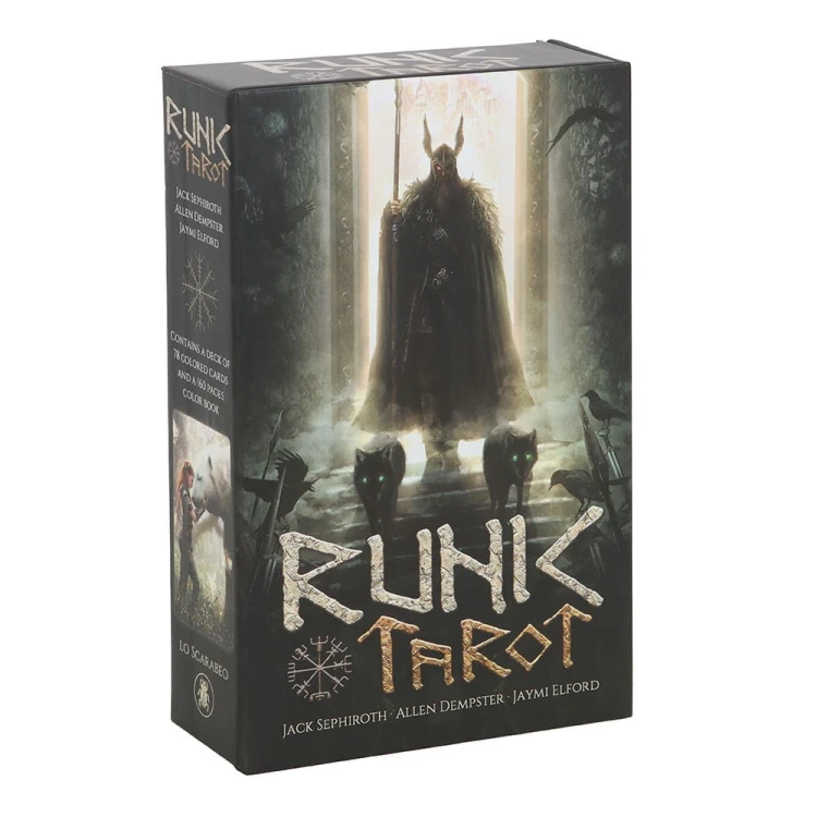 Runic Tarot – talia inspirowana mitologią nordycką i energią run. 78 kart i przewodnik 160 stron autorstwa Jacka Sephirotha i Jaymi Elford.