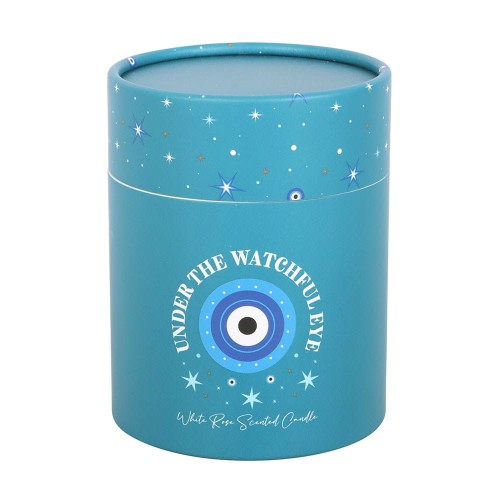 Under the Watchful Eye – świeca o zapachu białej róży z motywem Oka Proroka i kryształkami ochronnymi. 48 godzin palenia i duchowa harmonia.