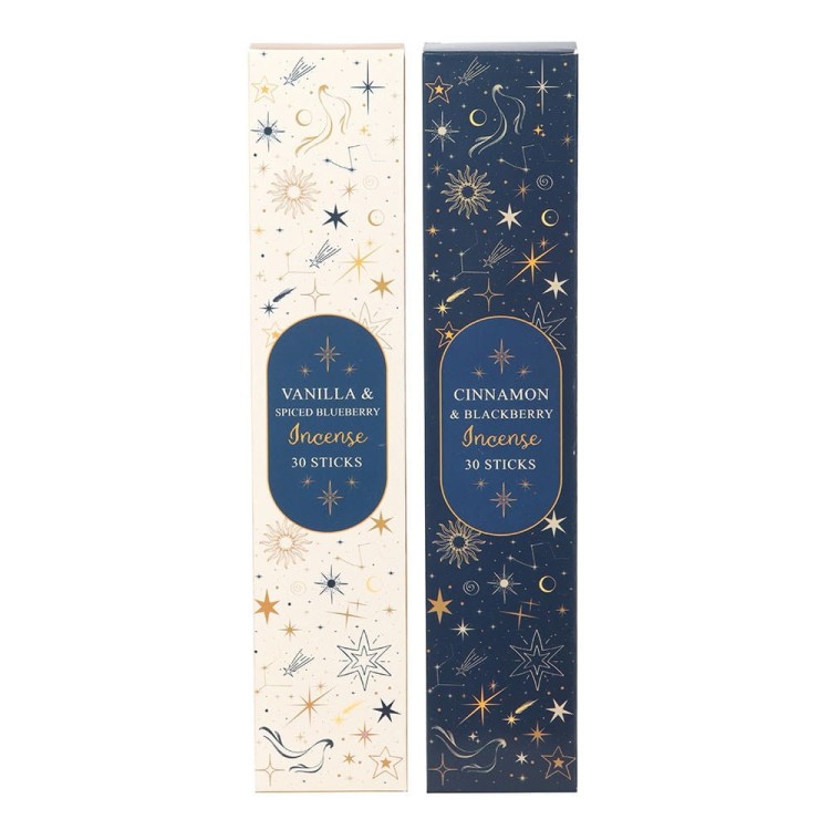 Zestaw kadzideł Starry Night – Vanilla &amp; Spiced Blueberry oraz Cinnamon &amp; Blackberry. Relaksujący zapach i gwiaździste opakowanie w stylu boho.