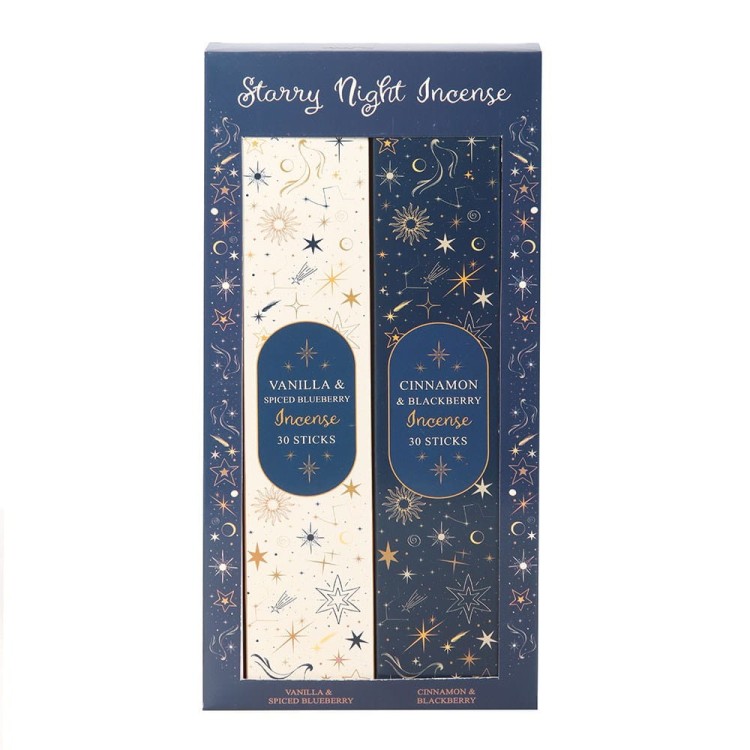 Zestaw kadzideł Starry Night – Vanilla &amp; Spiced Blueberry oraz Cinnamon &amp; Blackberry. Relaksujący zapach i gwiaździste opakowanie w stylu boho.