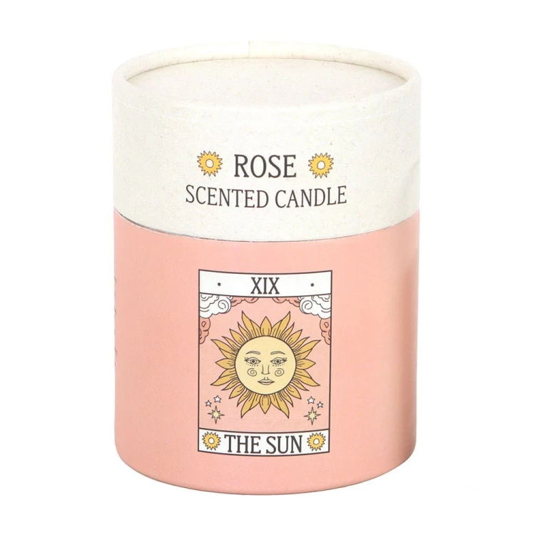 Różana świeca zapachowa The Sun inspirowana tarotem. Symbol radości i światła. Mistyczny zapach i dekoracja dla każdego wnętrza.