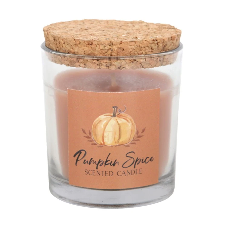 Jesienna świeca zapachowa Pumpkin Spice. Aromat dyni i przypraw korzennych w szkle z korkiem. 25 godzin przytulnego zapachu i ciepła.