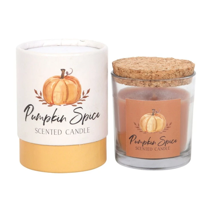 Jesienna świeca zapachowa Pumpkin Spice. Aromat dyni i przypraw korzennych w szkle z korkiem. 25 godzin przytulnego zapachu i ciepła.