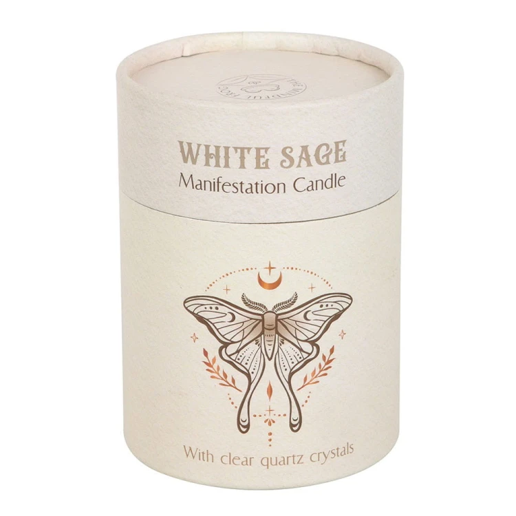 Świeca White Sage z kryształem górskiego kwarcu oczyszcza energię, wspiera manifestację i relaks. Magiczny zapach białej szałwii w eleganckim szkle.