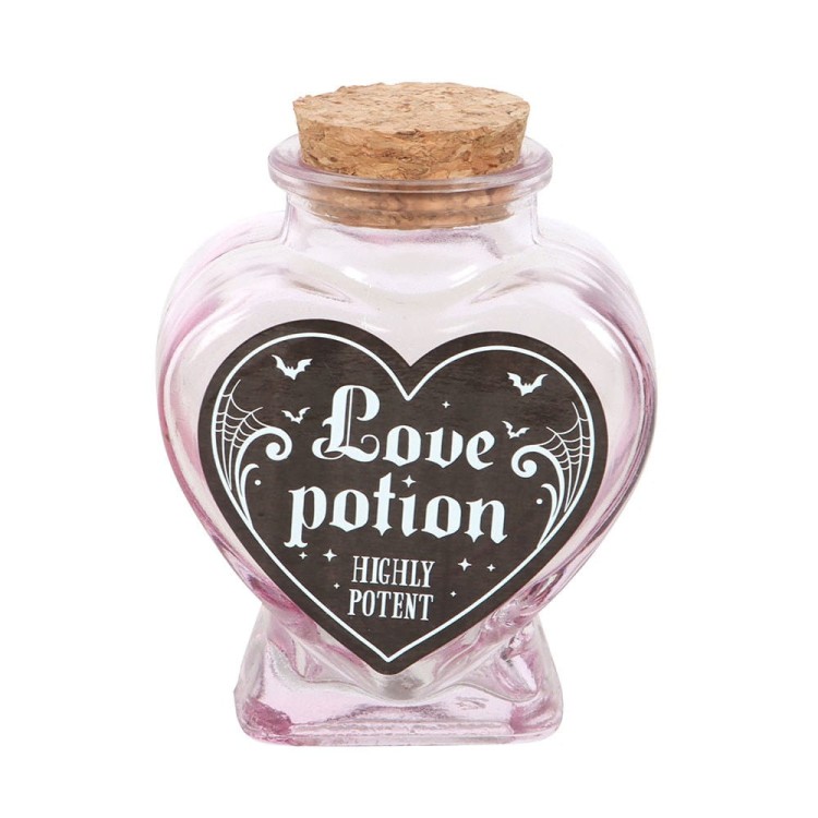 Różowa szklana butelka Love Potion w kształcie serca z korkiem. Gotycka ozdoba pełna magii – idealna na prezent lub dekorację wnętrza.