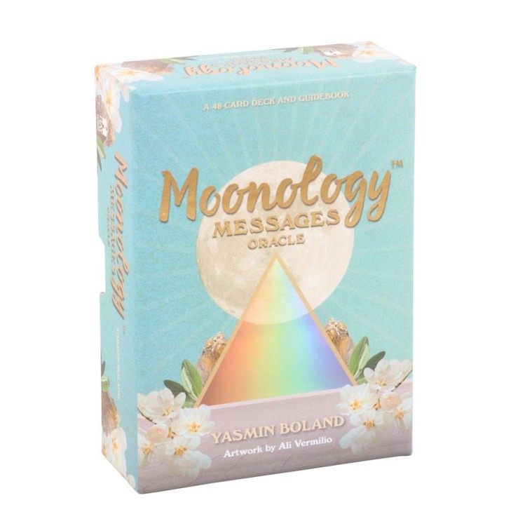 Pudełko talii Moonology Messages Oracle autorstwa Yasmin Boland z ilustracją Księżyca i pryzmatu