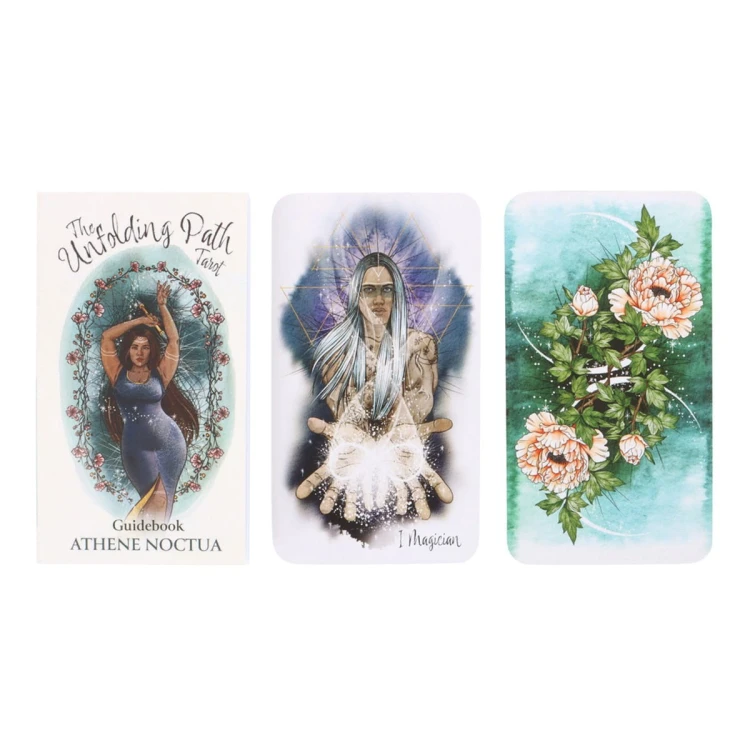 Karty i przewodnik z zestawu The Unfolding Path Tarot autorstwa Athene Noctua