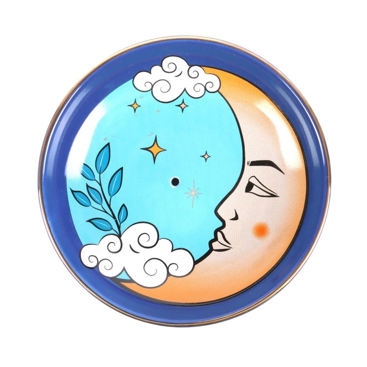 Niebieska ceramiczna podstawka na kadzidła z motywem Księżyca i chmur