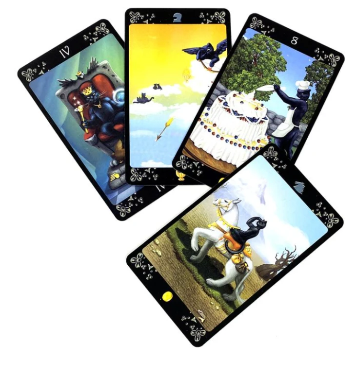 Karty z talii Black Cats Tarot autorstwa Marii Kuara – czarne koty w magicznych scenach