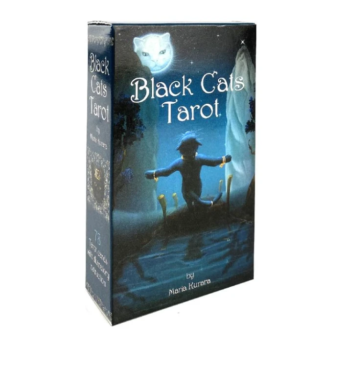 Pudełko talii Black Cats Tarot z ilustracją kota i księżyca