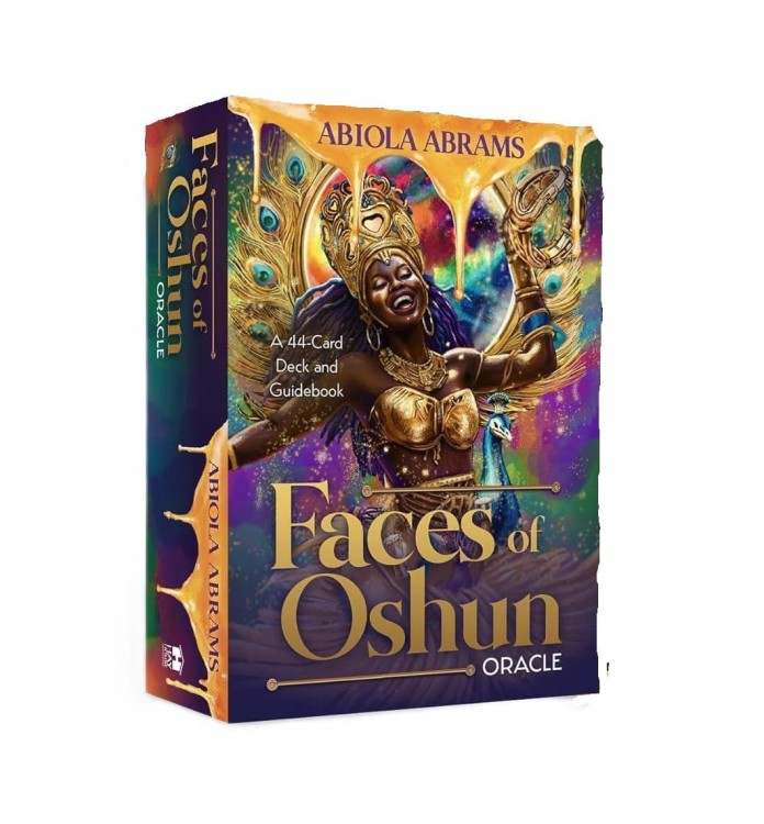 Pudełko talii Faces of Oshun Oracle z wizerunkiem bogini Oshun w złotych barwach