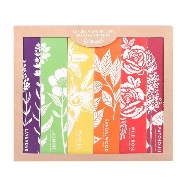 Zestaw luksusowych kadzideł Masala Botanicals w kartonowym pudełku prezentowym.