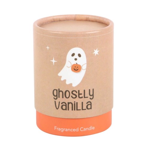 Opakowanie świecy Ghostly Vanilla w brązowo-pomarańczowym pudełku z grafiką duszka.