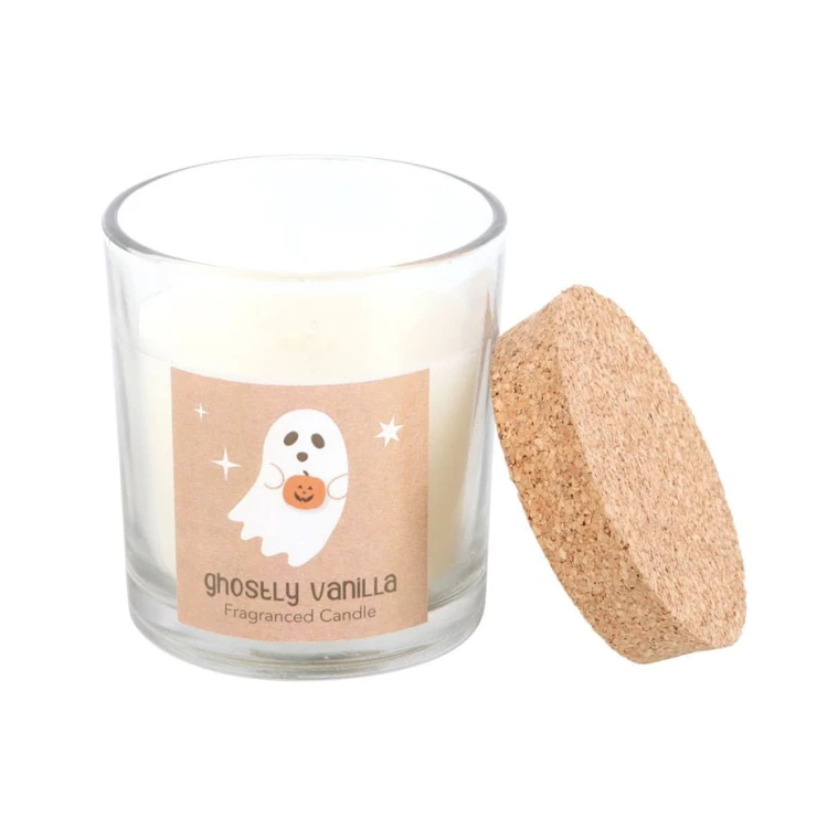 Szklana świeca Ghostly Vanilla z korkowym wieczkiem.