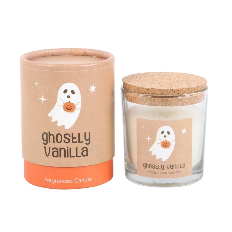 Zestaw świecy i pudełka Ghostly Vanilla z etykietą w stylu retro.