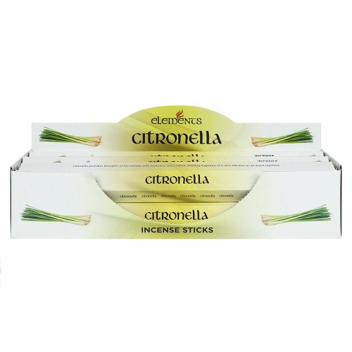 Karton kadzidełek Elements Citronella w odcieniach zieleni z motywem liści trawy cytrynowej.