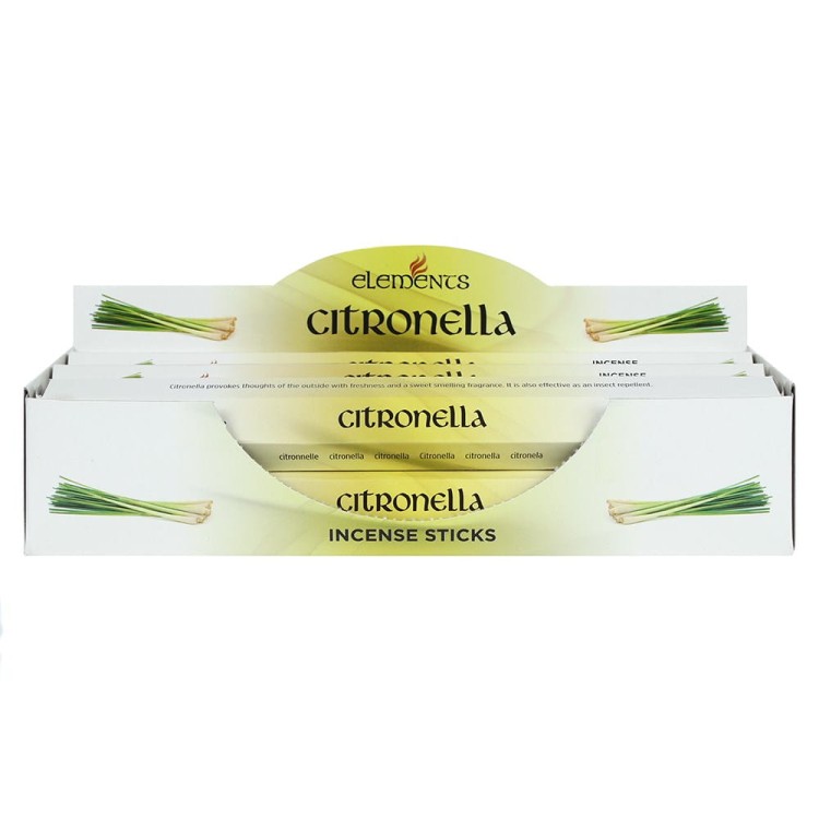Karton kadzidełek Elements Citronella w odcieniach zieleni z motywem liści trawy cytrynowej.