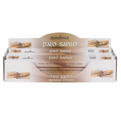 Karton kadzidełek Elements Palo Santo w odcieniach brązu i złamanej bieli, z motywem świętego drzewa.