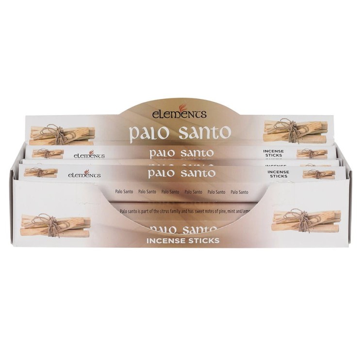 Karton kadzidełek Elements Palo Santo w odcieniach brązu i złamanej bieli, z motywem świętego drzewa.