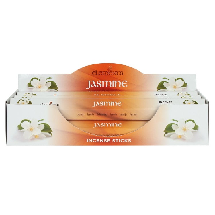 Karton kadzidełek Elements Jasmine w odcieniach zieleni z ilustracją białych kwiatów jaśminu.