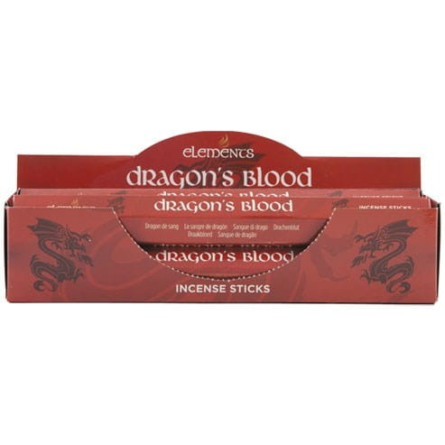 Opakowanie kadzidełek Elements Dragon’s Blood w czerwono-złotej tonacji z motywem smoczej łuski i płomieni.