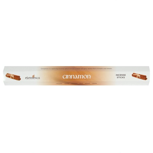Opakowanie kadzidełek Elements Cinnamon w odcieniach brązu i czerwieni z motywem lasek cynamonu.