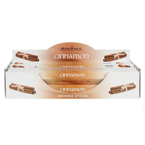 Karton kadzidełek Elements Cinnamon w odcieniach brązu i czerwieni z motywem lasek cynamonu.