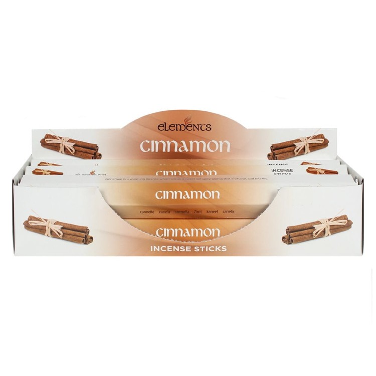 Karton kadzidełek Elements Cinnamon w odcieniach brązu i czerwieni z motywem lasek cynamonu.