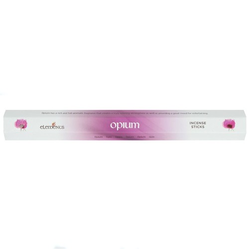 Opakowanie kadzidełek Elements Opium w ciemnofioletowych barwach z orientalnym motywem kwiatowym.