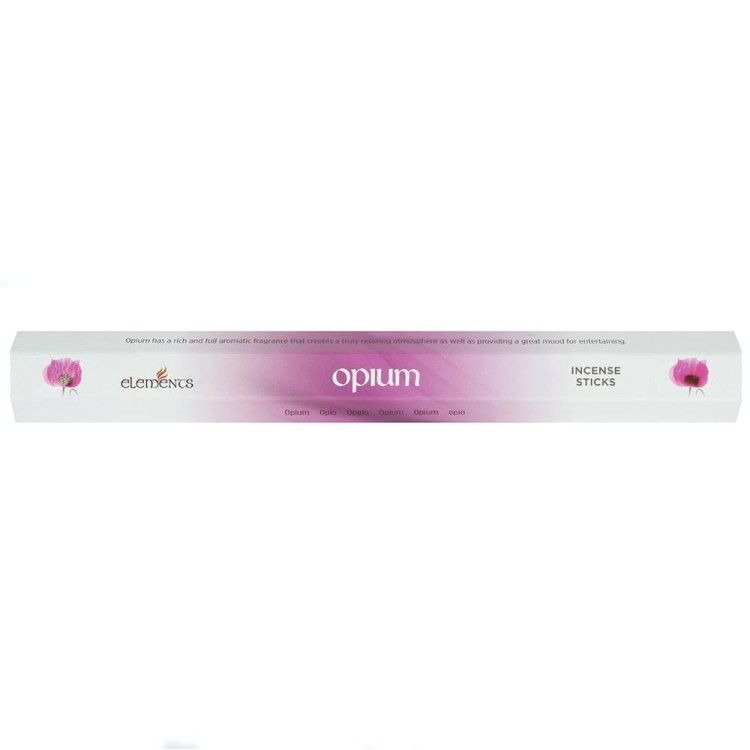 Opakowanie kadzidełek Elements Opium w ciemnofioletowych barwach z orientalnym motywem kwiatowym.