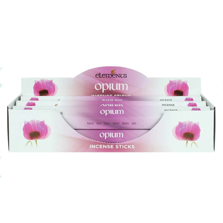 Karton kadzidełek Elements Opium w ciemnofioletowych barwach z orientalnym motywem kwiatowym.