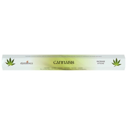 Opakowanie kadzidełek Elements Cannabis w zielonych tonacjach z motywem liści konopi i natury.