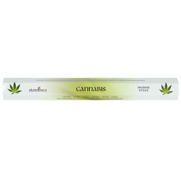 Opakowanie kadzidełek Elements Cannabis w zielonych tonacjach z motywem liści konopi i natury.