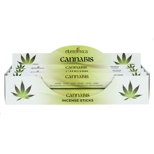 Karton kadzidełek Elements Cannabis w zielonych tonacjach z motywem liści konopi i natury.