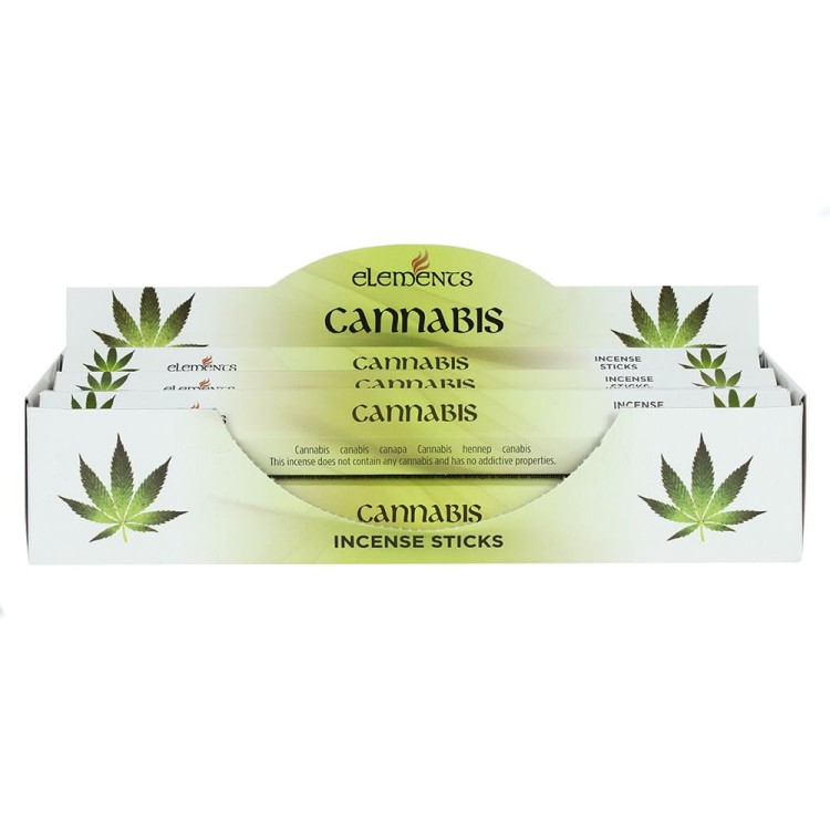 Karton kadzidełek Elements Cannabis w zielonych tonacjach z motywem liści konopi i natury.