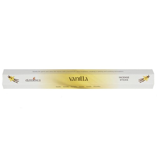 Opakowanie kadzidełek Elements Vanilla w odcieniach beżu i złamanej bieli z ilustracją laski wanilii i kwiatów.