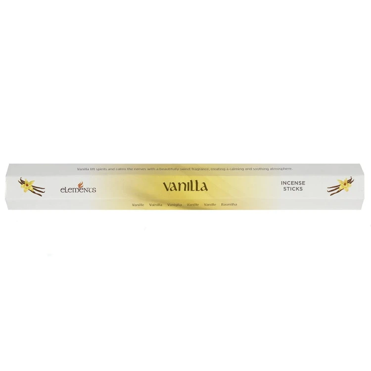 Opakowanie kadzidełek Elements Vanilla w odcieniach beżu i złamanej bieli z ilustracją laski wanilii i kwiatów.