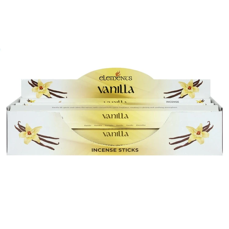 Karton kadzidełek Elements Vanilla w odcieniach beżu i złamanej bieli z ilustracją laski wanilii i kwiatów.