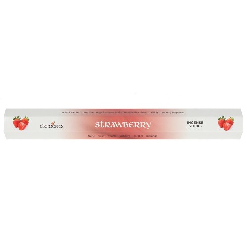 Opakowanie kadzidełek Elements Strawberry w czerwonych i różowych odcieniach z grafiką świeżych truskawek.