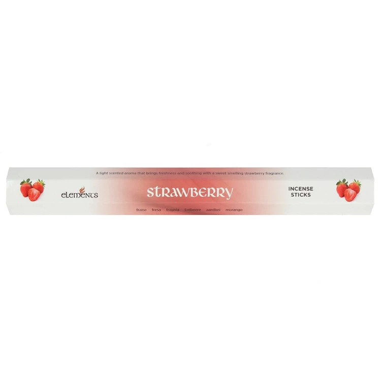 Opakowanie kadzidełek Elements Strawberry w czerwonych i różowych odcieniach z grafiką świeżych truskawek.
