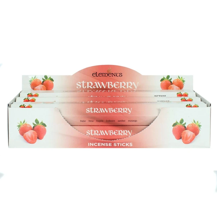Karton kadzidełek Elements Strawberry w czerwonych i różowych odcieniach z grafiką świeżych truskawek.