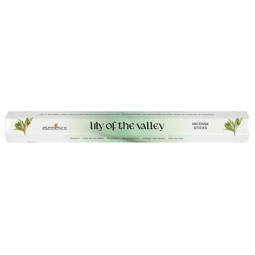 Opakowanie kadzidełek Elements Lily of the Valley w białych i zielonych tonacjach z ilustracją kwiatów konwalii.