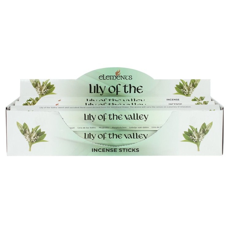 Karton kadzidełek Elements Lily of the Valley w białych i zielonych tonacjach z ilustracją kwiatów konwalii.