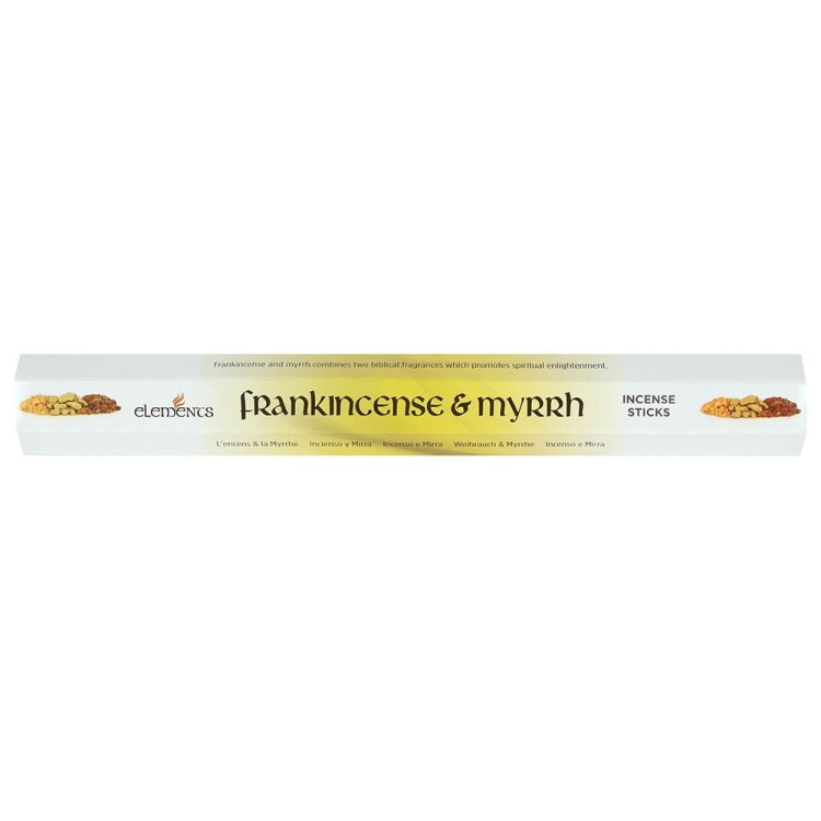 Opakowanie kadzidełek Elements Frankincense &amp; Myrrh w złoto-brązowych odcieniach z motywem kadzielnicy i starożytnych symboli.