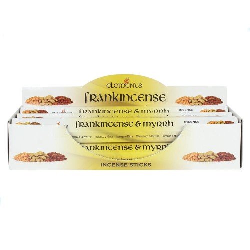 Karton kadzidełek Elements Frankincense &amp; Myrrh w złoto-brązowych odcieniach z motywem kadzielnicy i starożytnych symboli.