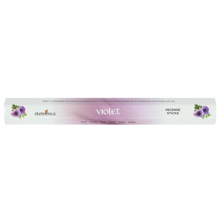 Opakowanie kadzidełek Elements Violet w fioletowych tonacjach z motywem kwiatów fiołka.
